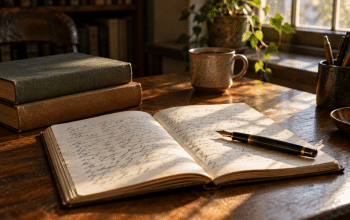 Open notebook, fountain pen and books on a sunlit wooden writing desk