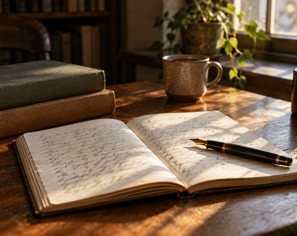 Open notebook, fountain pen and books on a sunlit wooden writing desk