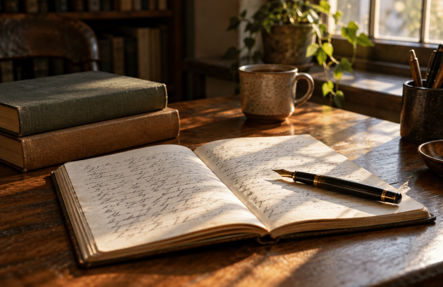 Open notebook, fountain pen and books on a sunlit wooden writing desk