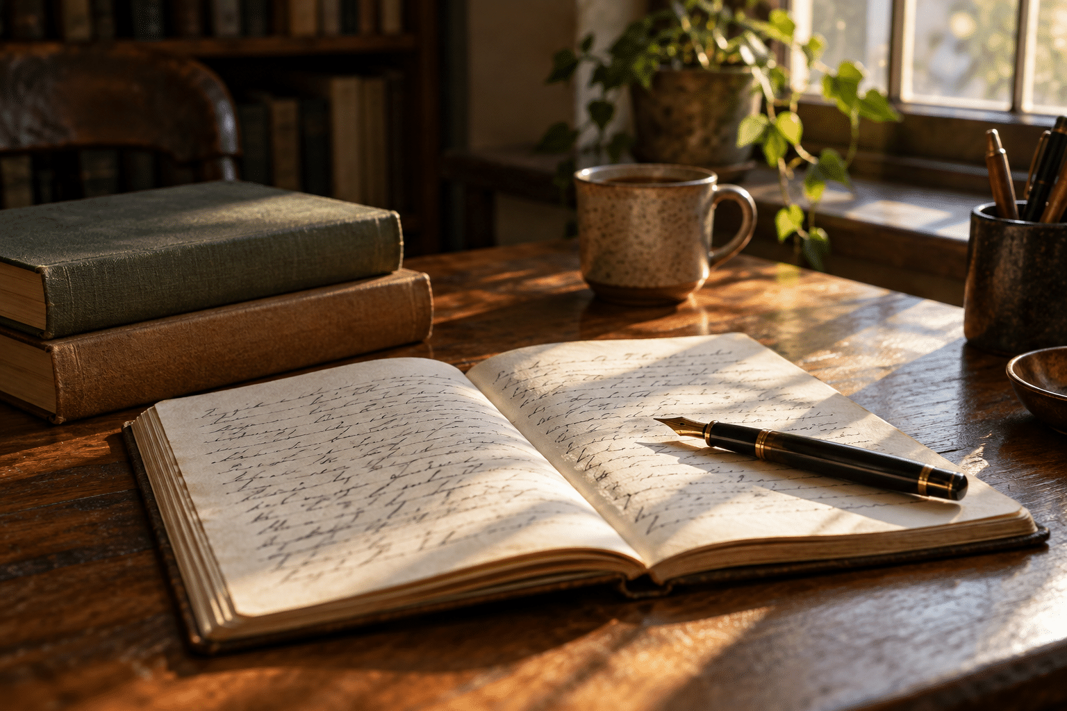 Open notebook, fountain pen and books on a sunlit wooden writing desk