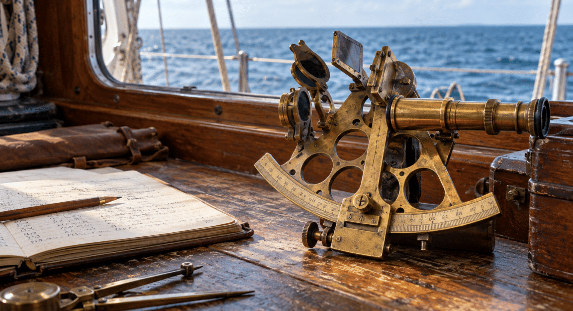 Brass marine sextant on a chart table aboard a sailboat with the sea horizon beyond