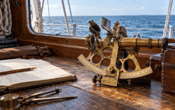 Brass marine sextant on a chart table aboard a sailboat with the sea horizon beyond