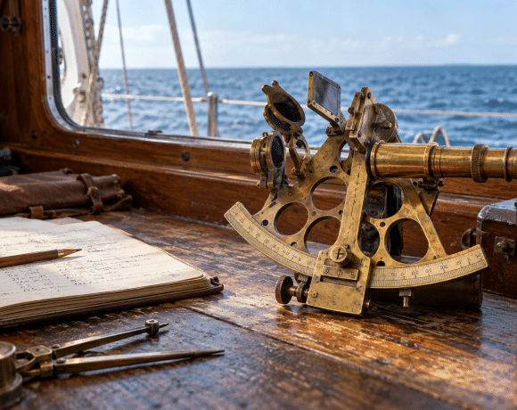 Brass marine sextant on a chart table aboard a sailboat with the sea horizon beyond