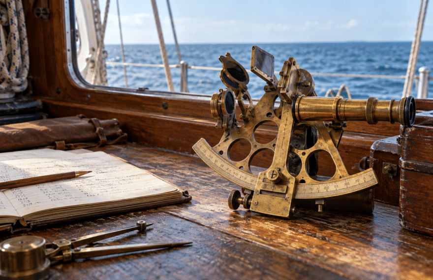 Brass marine sextant on a chart table aboard a sailboat with the sea horizon beyond