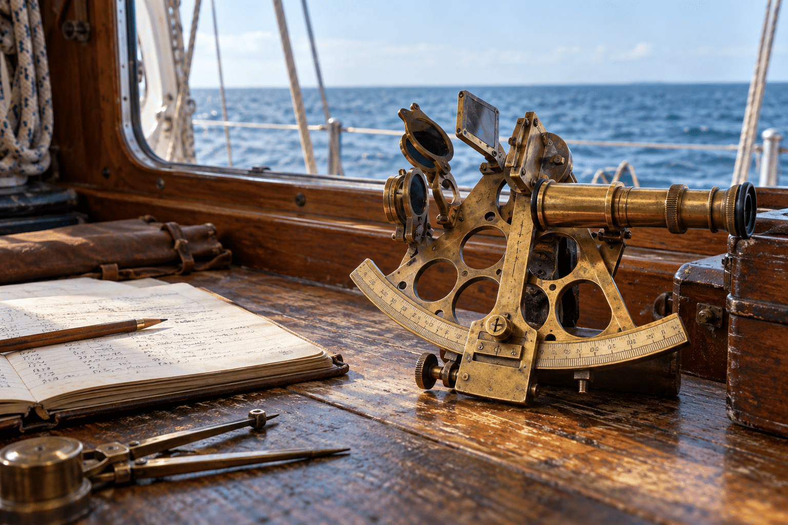 Brass marine sextant on a chart table aboard a sailboat with the sea horizon beyond