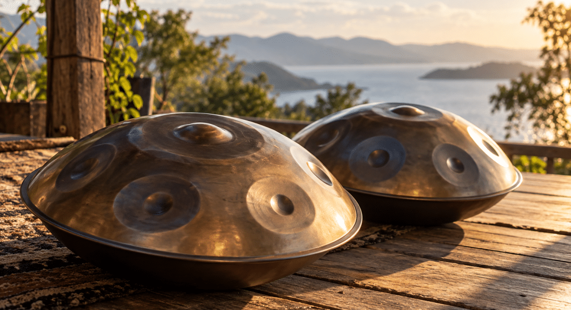 Two steel handpans on a wooden platform in warm morning light