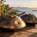Two steel handpans on a wooden platform in warm morning light