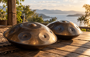 Two steel handpans on a wooden platform in warm morning light