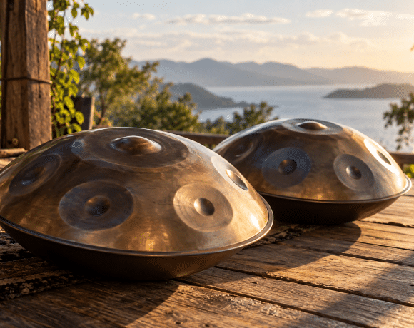 Two steel handpans on a wooden platform in warm morning light