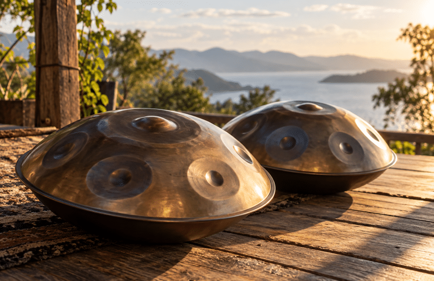 Two steel handpans on a wooden platform in warm morning light