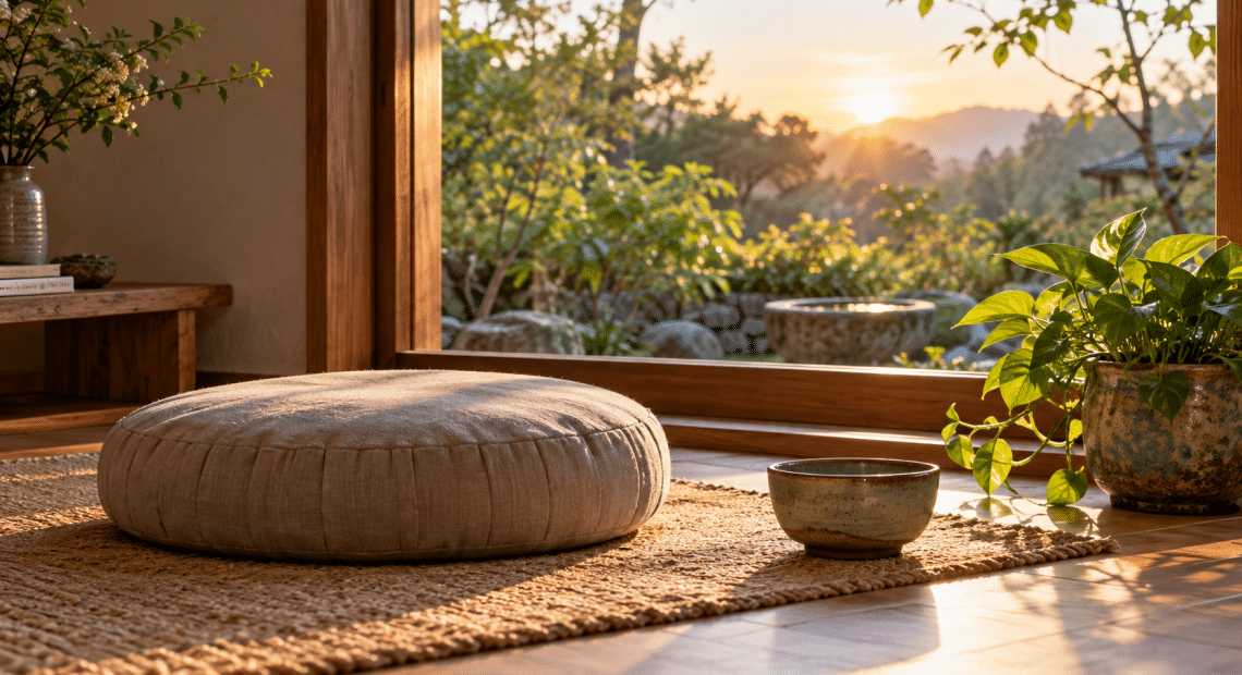 Empty meditation cushion beside a plant and ceramic bowl near a sunlit window