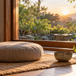 Empty meditation cushion beside a plant and ceramic bowl near a sunlit window