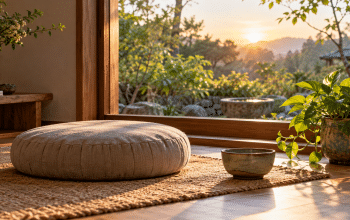 Empty meditation cushion beside a plant and ceramic bowl near a sunlit window
