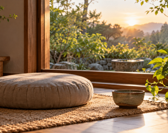 Empty meditation cushion beside a plant and ceramic bowl near a sunlit window