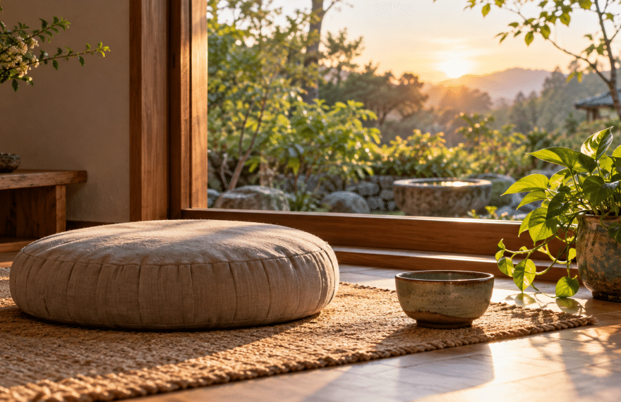 Empty meditation cushion beside a plant and ceramic bowl near a sunlit window