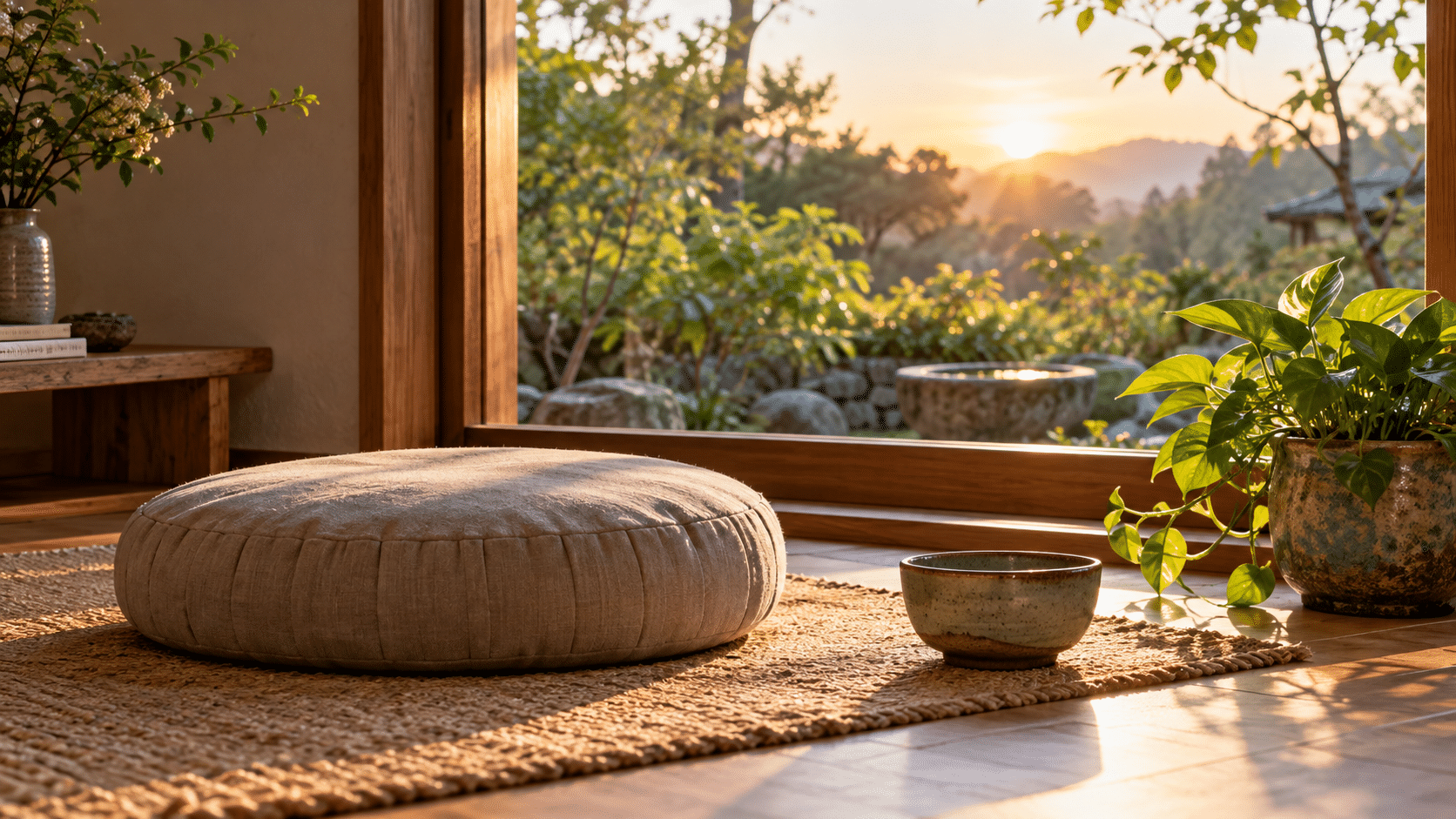 Empty meditation cushion beside a plant and ceramic bowl near a sunlit window