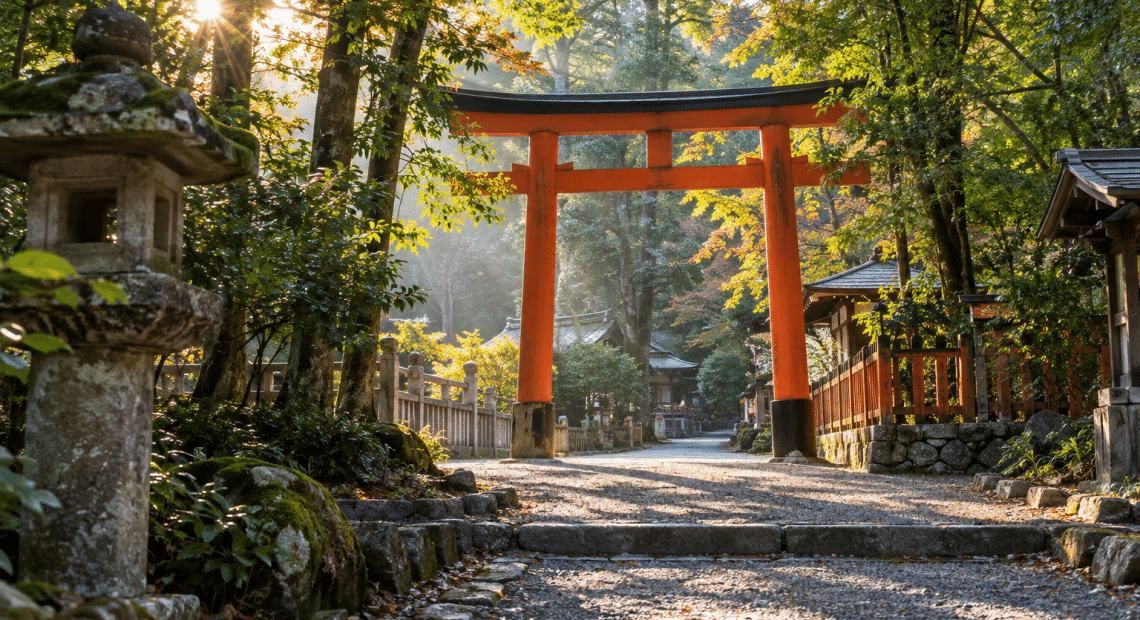 Vermilion torii gate on a wooded path with a stone lantern in morning light