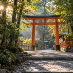 Vermilion torii gate on a wooded path with a stone lantern in morning light