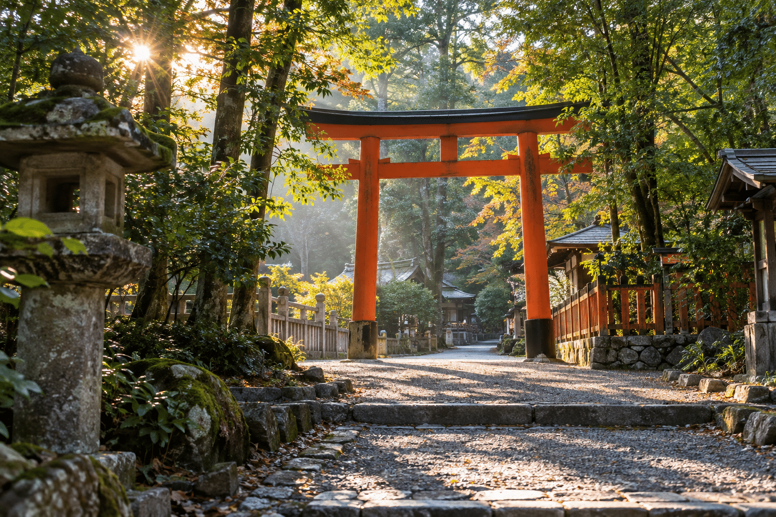 Vermilion torii gate on a wooded path with a stone lantern in morning light