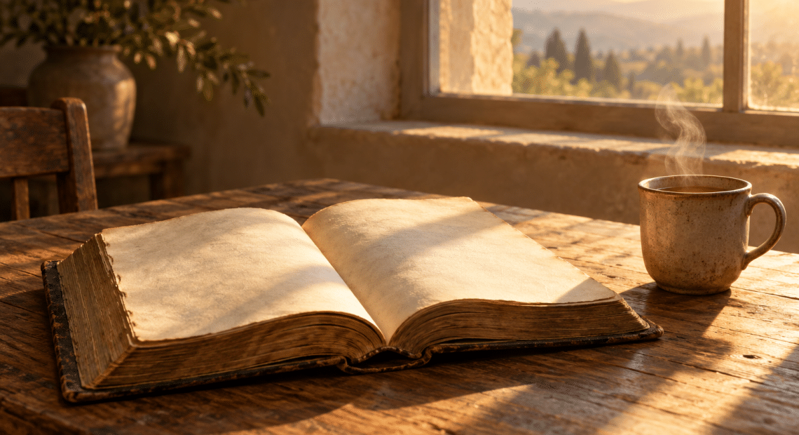 An old open book on a wooden table in warm morning light, with a faint wisp of steam rising nearby.