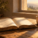 An old open book on a wooden table in warm morning light, with a faint wisp of steam rising nearby.