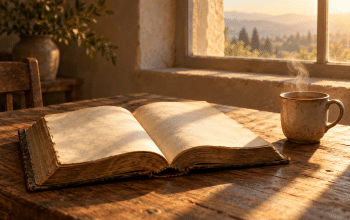An old open book on a wooden table in warm morning light, with a faint wisp of steam rising nearby.