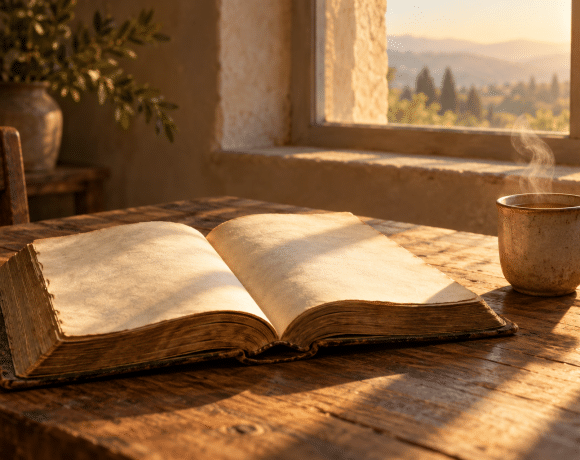 An old open book on a wooden table in warm morning light, with a faint wisp of steam rising nearby.