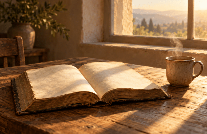 An old open book on a wooden table in warm morning light, with a faint wisp of steam rising nearby.