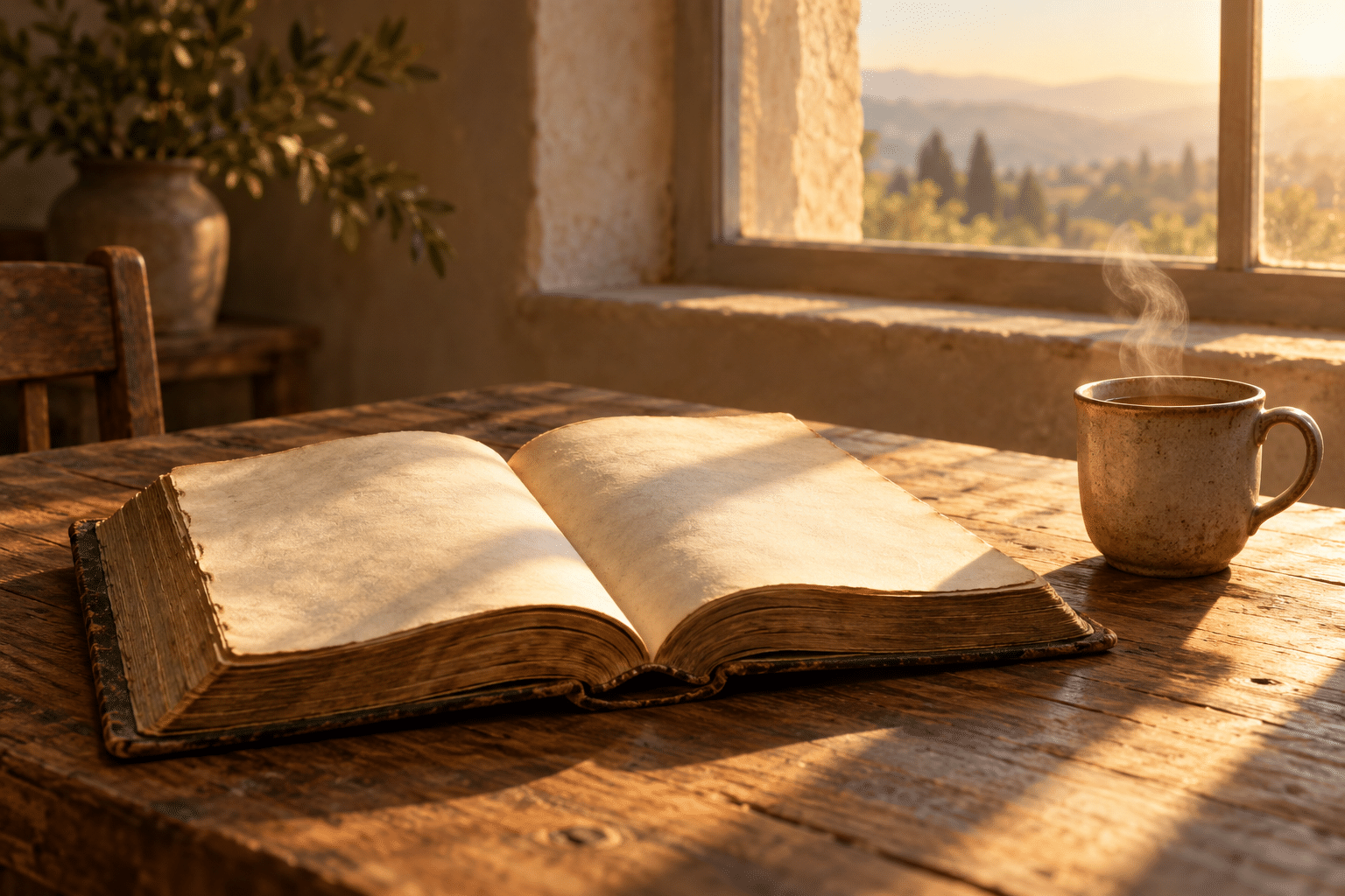 An old open book on a wooden table in warm morning light, with a faint wisp of steam rising nearby.