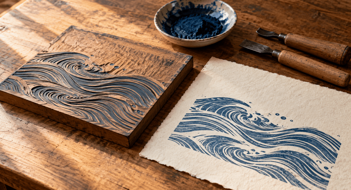 Woodblock carving tools, blue pigment, and an original wave-pattern print on a warmly lit wooden worktable.