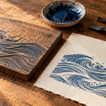 Woodblock carving tools, blue pigment, and an original wave-pattern print on a warmly lit wooden worktable.