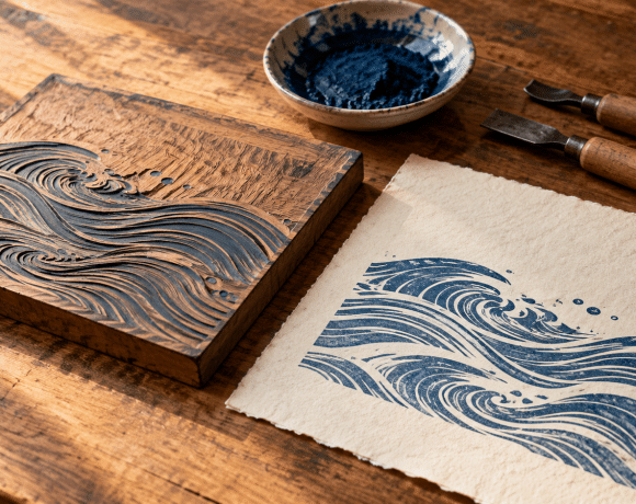 Woodblock carving tools, blue pigment, and an original wave-pattern print on a warmly lit wooden worktable.