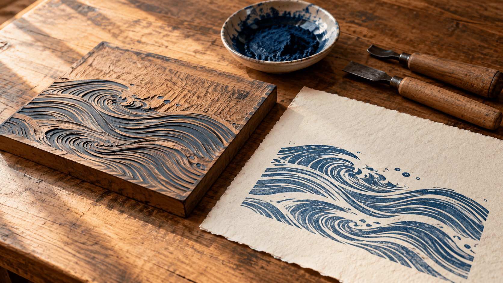 Woodblock carving tools, blue pigment, and an original wave-pattern print on a warmly lit wooden worktable.
