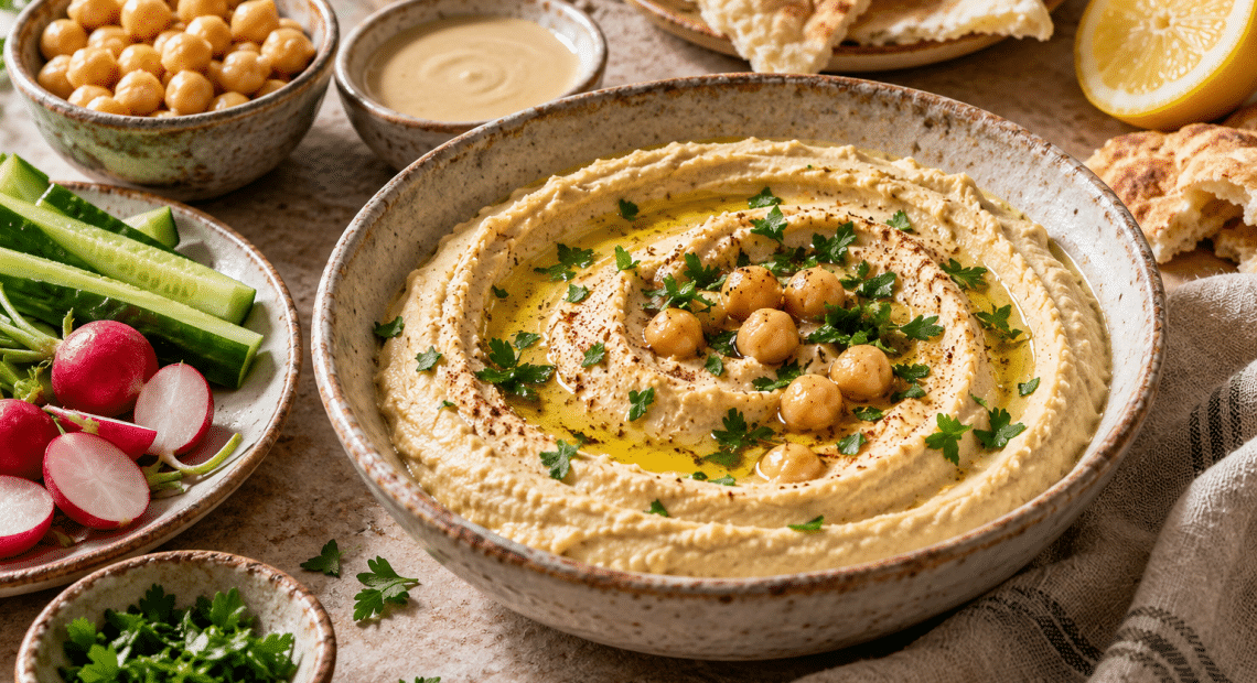 A ceramic bowl of hummus with chickpeas and olive oil, surrounded by tahini, pita, lemon, and fresh vegetables