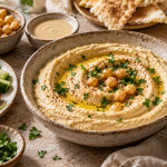 A ceramic bowl of hummus with chickpeas and olive oil, surrounded by tahini, pita, lemon, and fresh vegetables