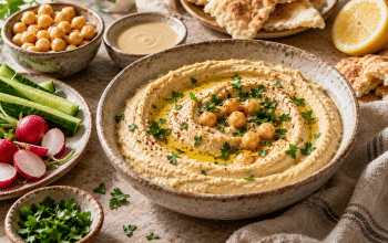 A ceramic bowl of hummus with chickpeas and olive oil, surrounded by tahini, pita, lemon, and fresh vegetables