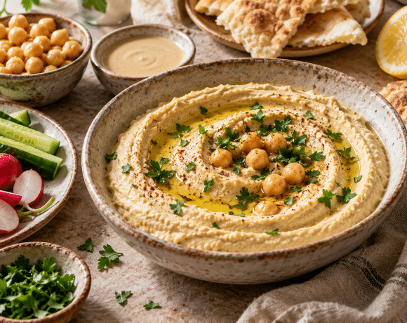 A ceramic bowl of hummus with chickpeas and olive oil, surrounded by tahini, pita, lemon, and fresh vegetables
