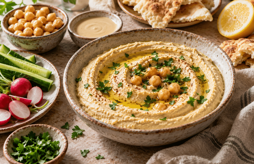 A ceramic bowl of hummus with chickpeas and olive oil, surrounded by tahini, pita, lemon, and fresh vegetables
