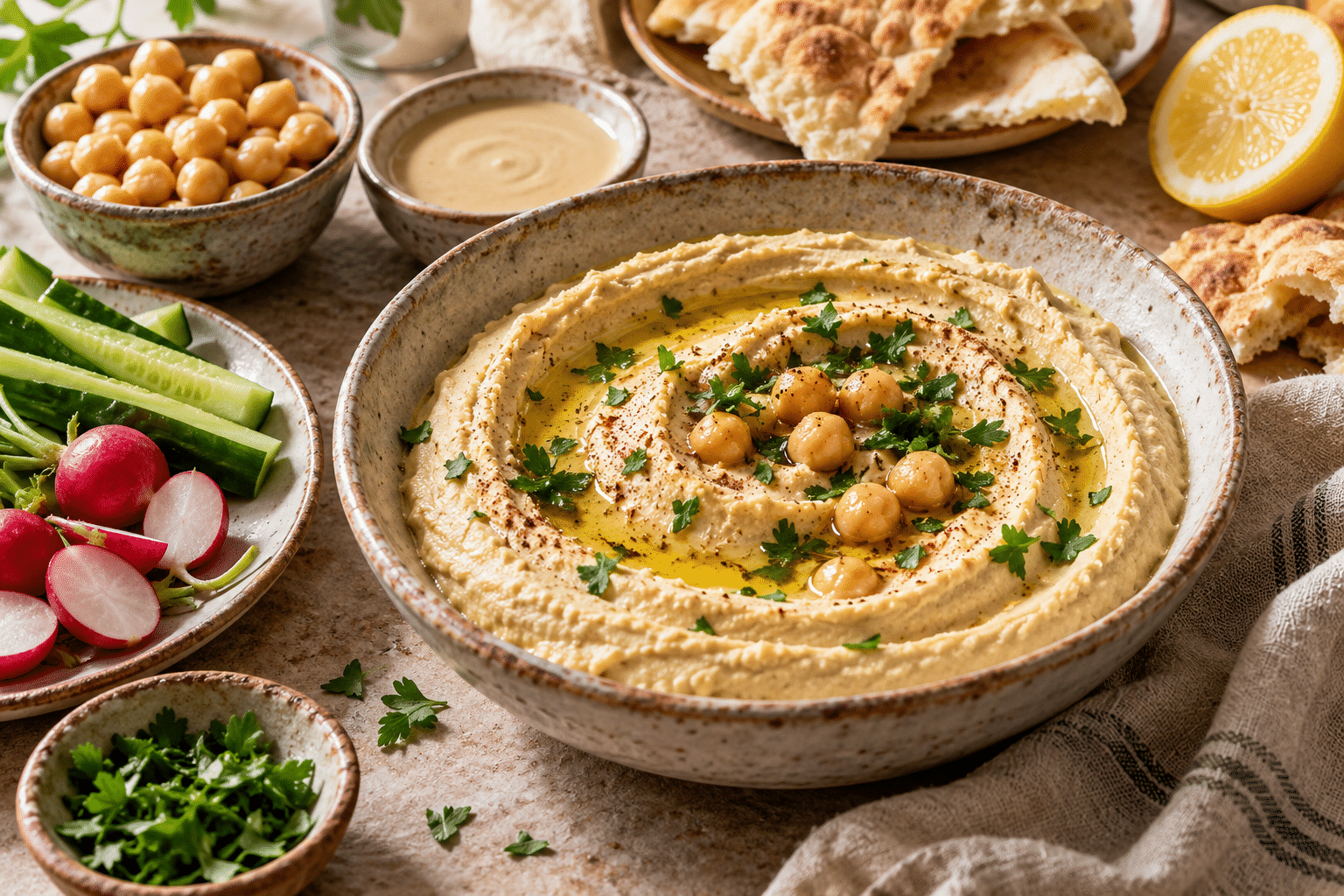 A ceramic bowl of hummus with chickpeas and olive oil, surrounded by tahini, pita, lemon, and fresh vegetables