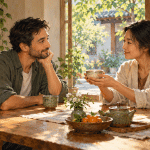 Two adults share tea at a wooden table, one offering a cup while the other listens in warm morning light.