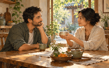 Two adults share tea at a wooden table, one offering a cup while the other listens in warm morning light.