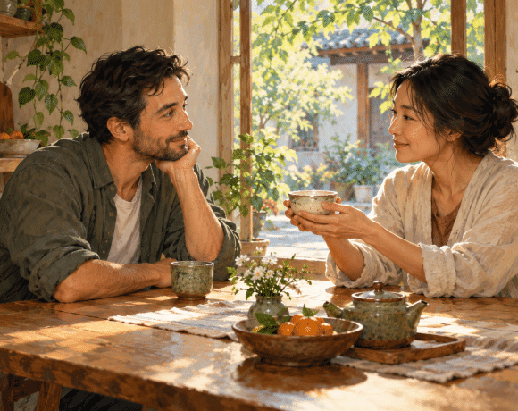 Two adults share tea at a wooden table, one offering a cup while the other listens in warm morning light.
