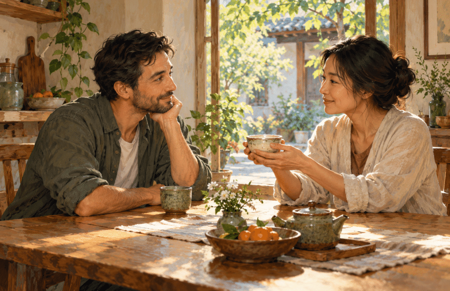 Two adults share tea at a wooden table, one offering a cup while the other listens in warm morning light.