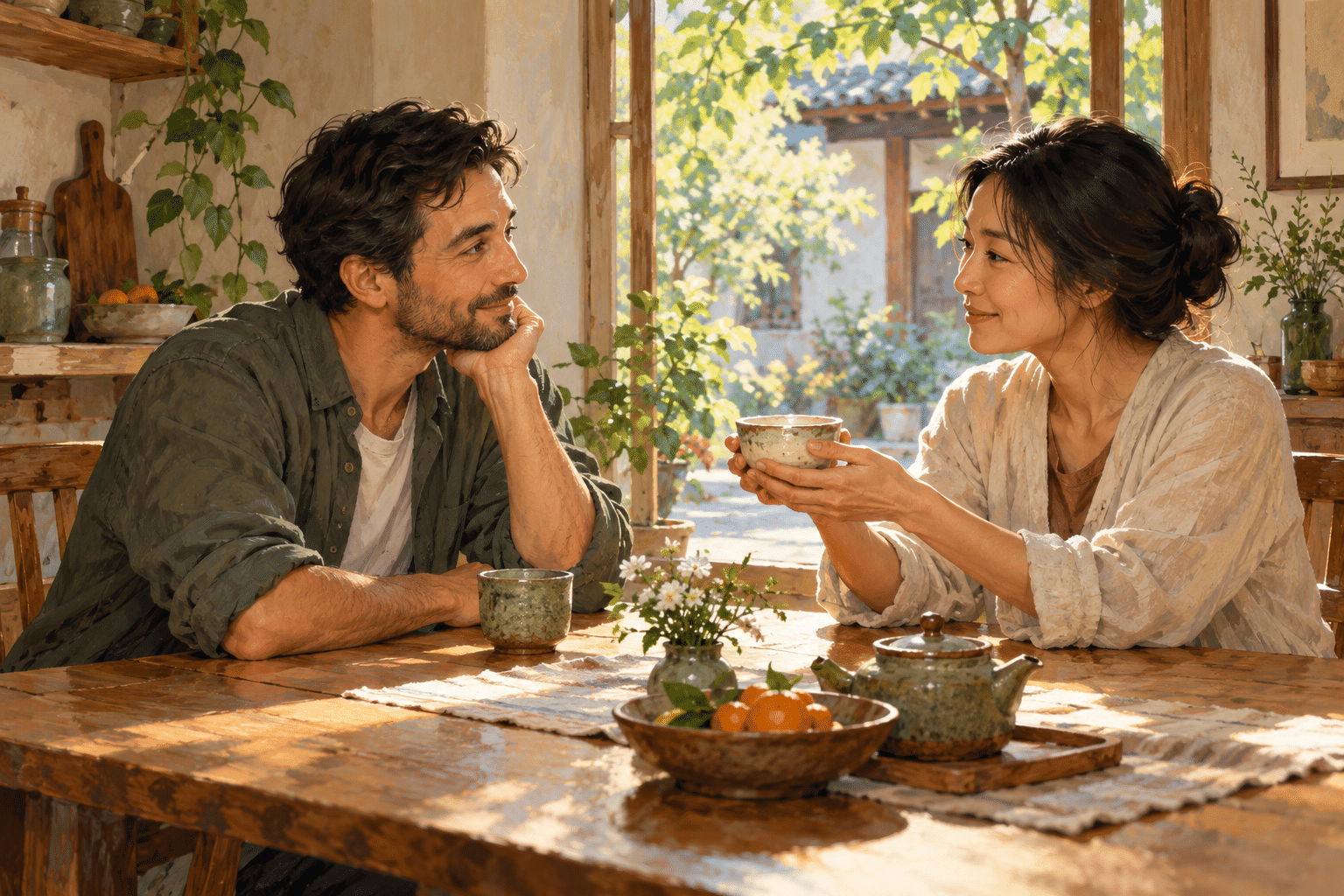 Two adults share tea at a wooden table, one offering a cup while the other listens in warm morning light.