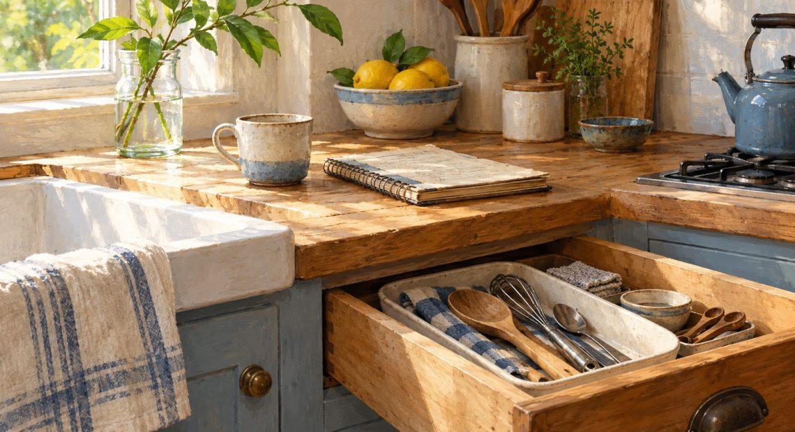 A wooden kitchen drawer with everyday utensils beside a ceramic cup and well-used recipe notebook.