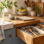 A wooden kitchen drawer with everyday utensils beside a ceramic cup and well-used recipe notebook.