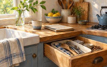 A wooden kitchen drawer with everyday utensils beside a ceramic cup and well-used recipe notebook.