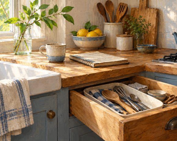 A wooden kitchen drawer with everyday utensils beside a ceramic cup and well-used recipe notebook.