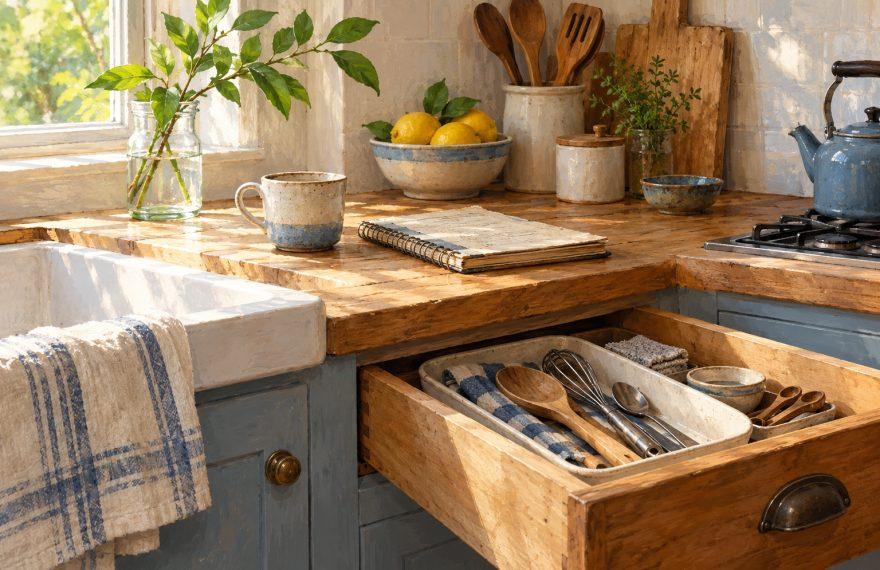 A wooden kitchen drawer with everyday utensils beside a ceramic cup and well-used recipe notebook.