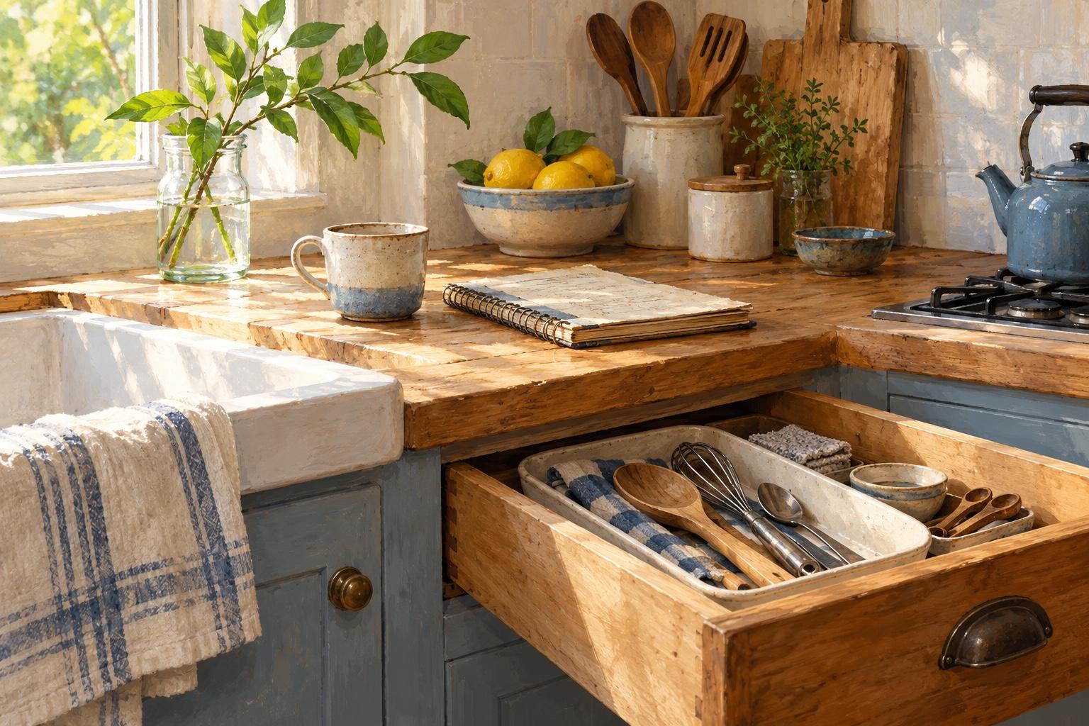 A wooden kitchen drawer with everyday utensils beside a ceramic cup and well-used recipe notebook.
